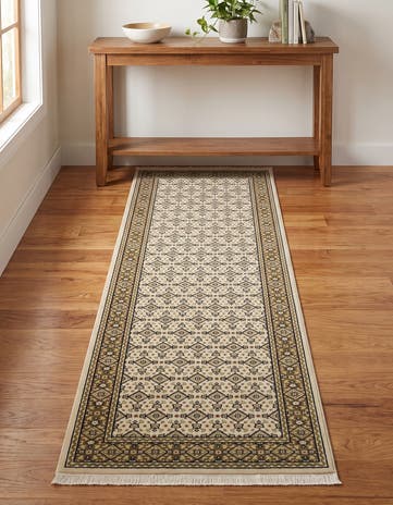 Ivory and Green Nain Design Runner Rug