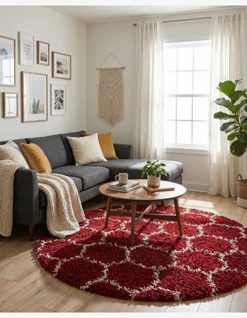 Burgundy Red Trellis Shag Round Rug