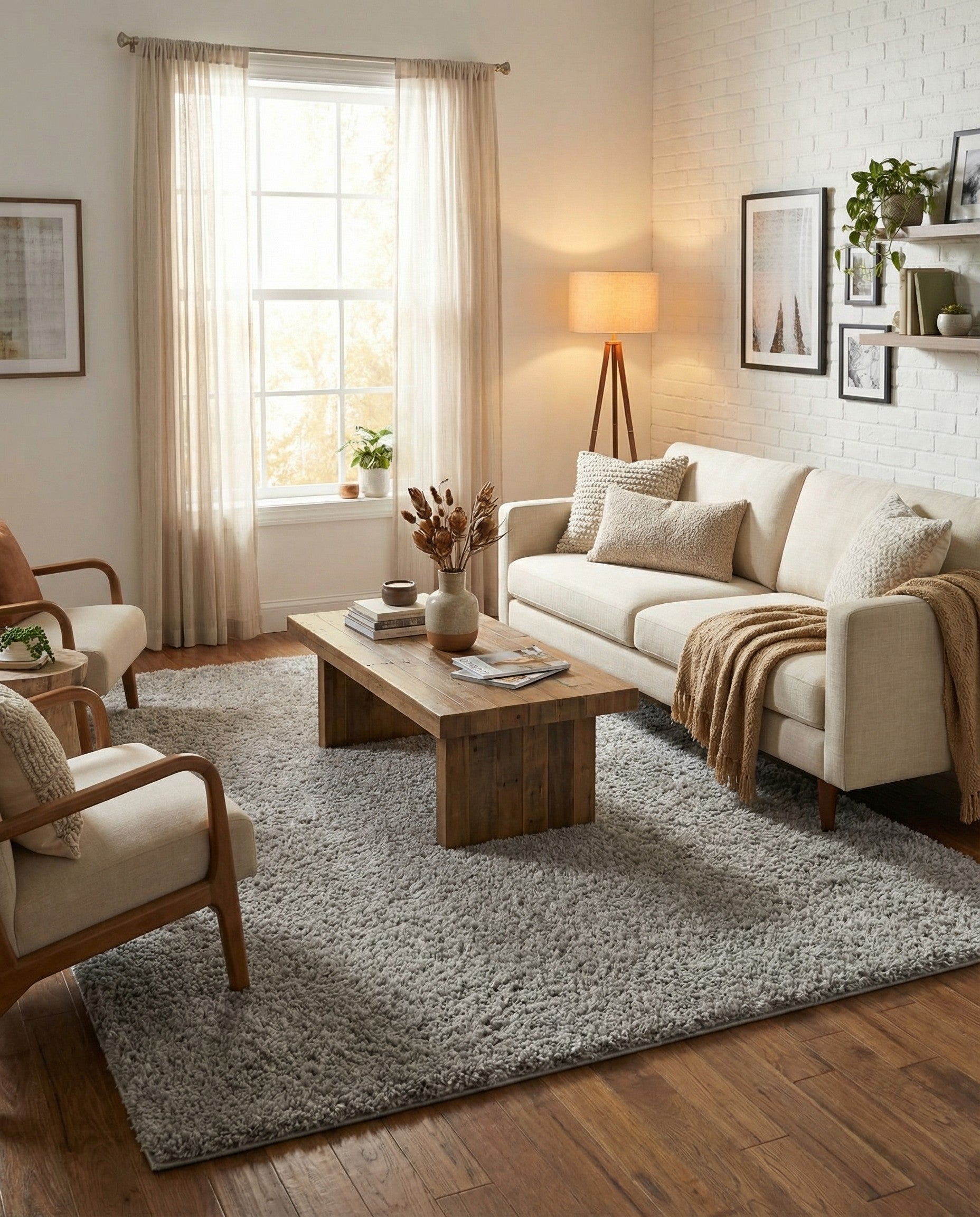 A large 10x13 rectangular gray shag rug with a soft, textured pile, suitable for a modern living room or bedroom.