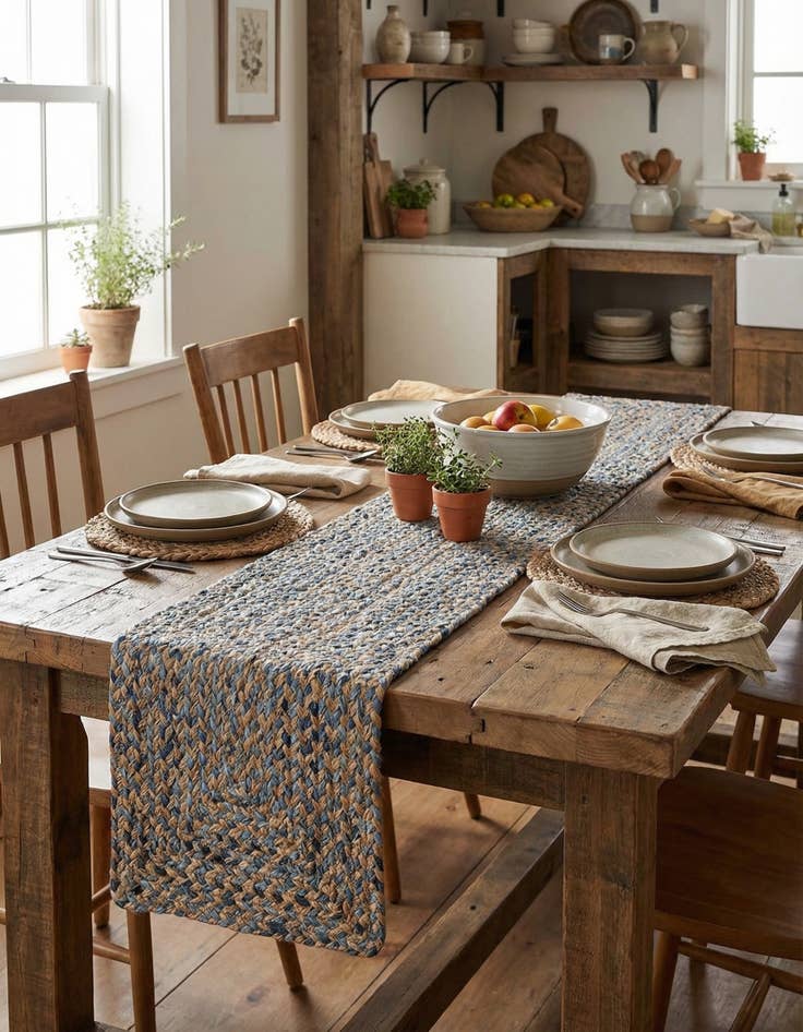 Detail image of 1' 2 x 8'  Hand Braided Chindi Table Runner Rug