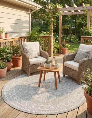 Light Gray Easy-Clean Aztec Indoor / Outdoor Round Rug