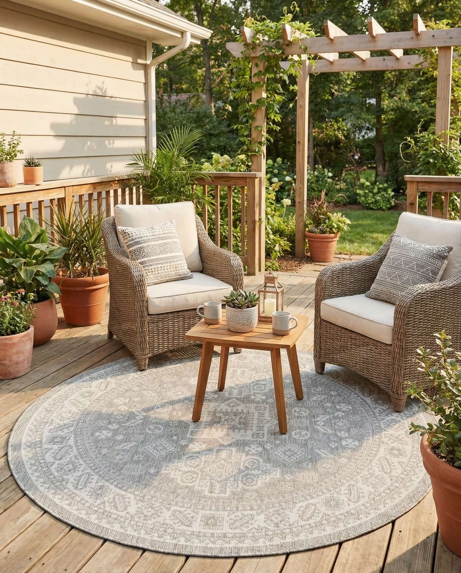 6' x 6' Easy-Clean Aztec Indoor / Outdoor Round Rug