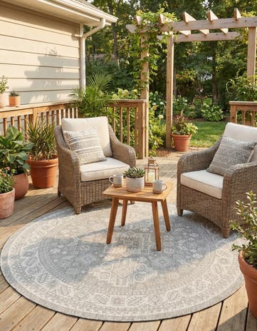 Light Gray Easy-Clean Aztec Indoor / Outdoor Round Rug