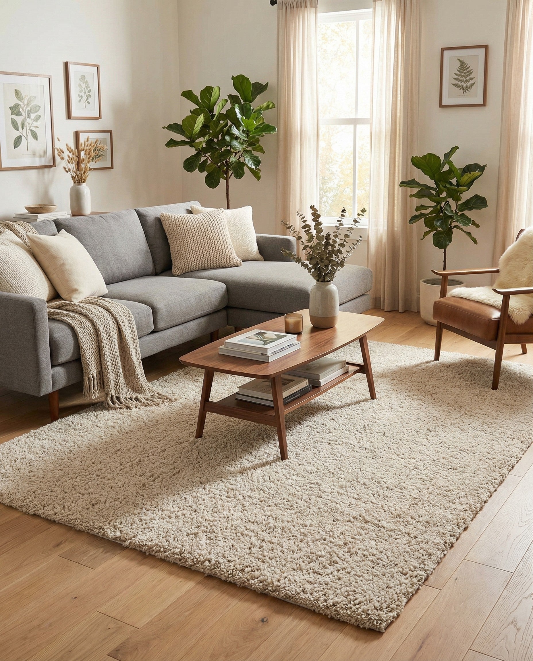 A plush 9x12 rectangular ivory shag rug, perfect for adding warmth and texture to a modern living room or bedroom.