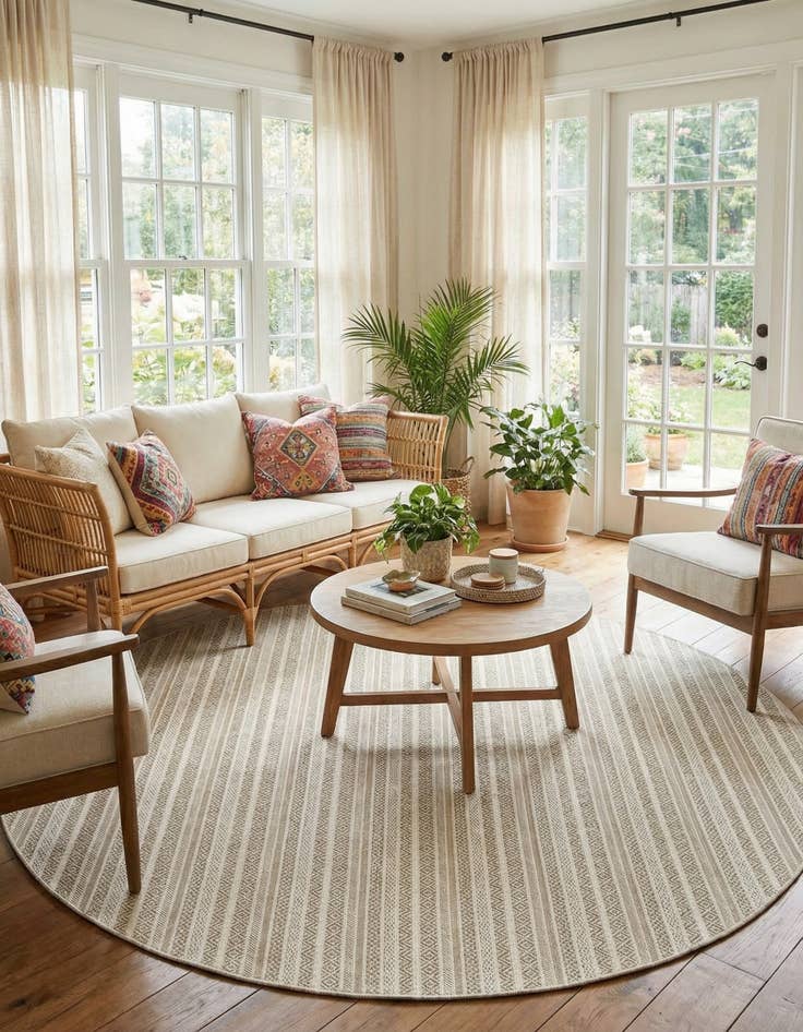 Detail image of 10' x 10' Easy-Clean Striped Indoor / Outdoor Round Rug