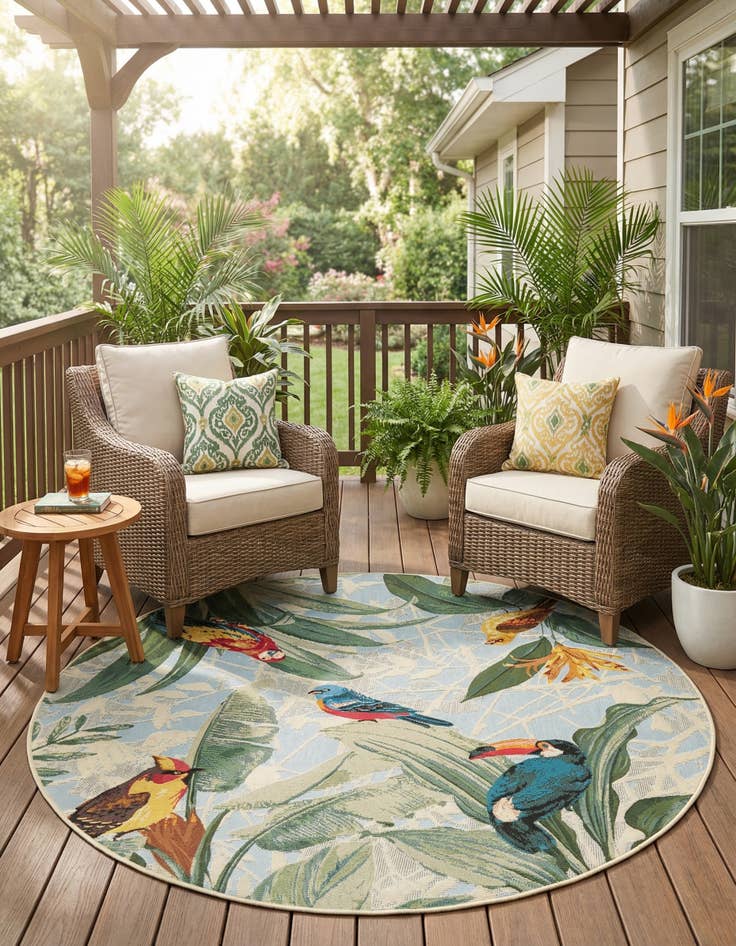 Detail image of 5' x 5'  Washable Botanical Indoor / Outdoor Round Rug