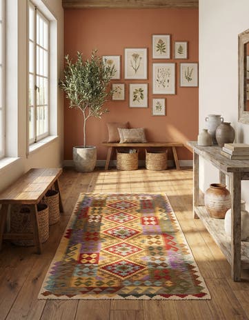 3' 4 x 6' 2 Hand Woven Kilim Maymana Wool Runner Rug