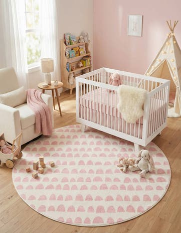 Ivory and Pink Whimsy Kids Round Rug