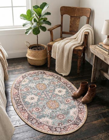 Green Washable Timeless Oval Rug