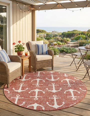 Rust Red Easy-Clean Coastal Indoor / Outdoor Round Rug