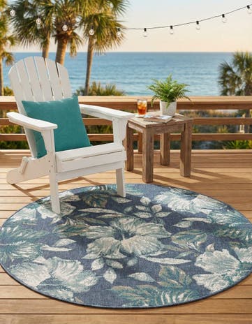 Blue Easy-Clean Coastal Indoor / Outdoor Round Rug