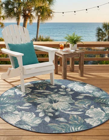 Blue Easy-Clean Coastal Indoor / Outdoor Round Rug