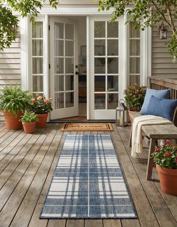 Blue Easy-Clean Checkered Indoor / Outdoor Runner Rug