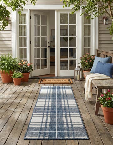 Blue Easy-Clean Checkered Indoor / Outdoor Runner Rug