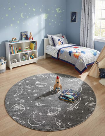 Gray Planets Whimsy Kids Round Rug