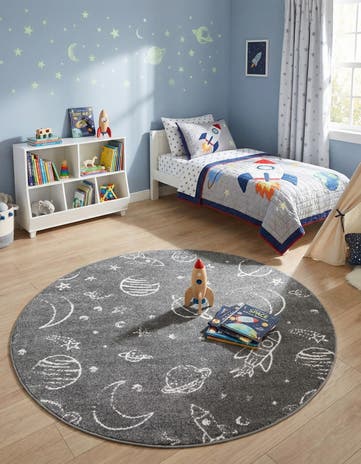 Gray Planets Whimsy Kids Round Rug