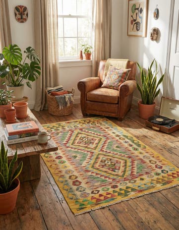 3' 2 x 4' 7 Hand Woven Kilim Maymana Wool Rug