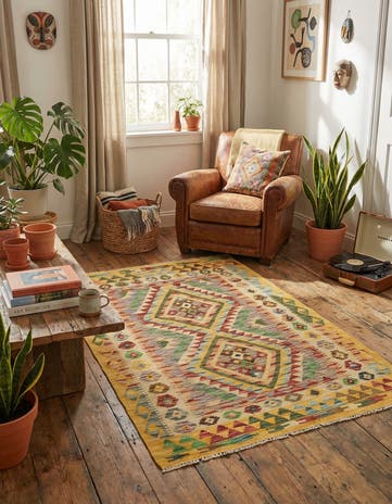 3' 2 x 4' 7 Hand Woven Kilim Maymana Wool Rug