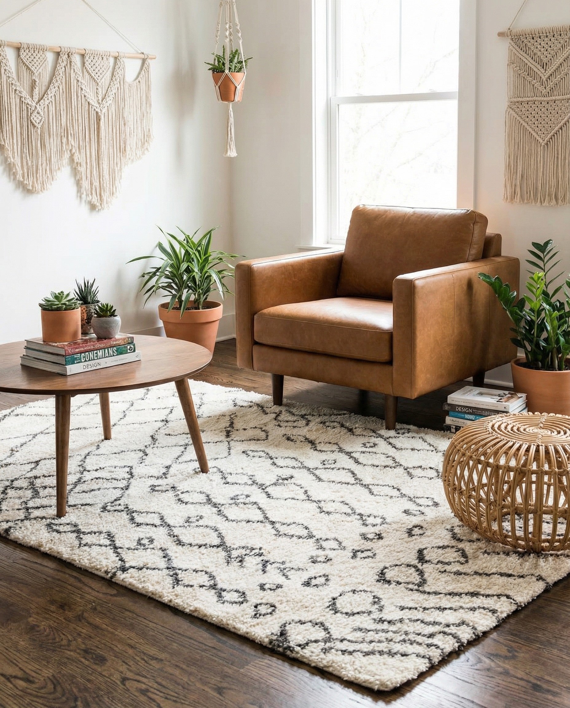 A 3x5 rectangular ivory shag rug with a modern tribal trellis pattern in dark gray, perfect for a cozy living room.