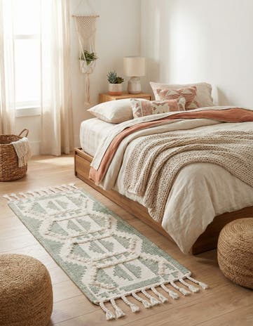 Aquamarine and White Hand Woven Arizona Wool Runner Rug