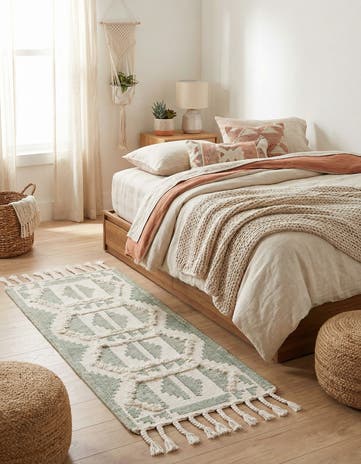 Aquamarine and White Hand Woven Arizona Wool Runner Rug