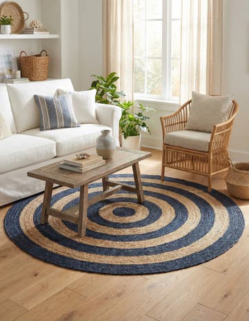 Navy Blue Natural Handmade Braided Jute Round Rug