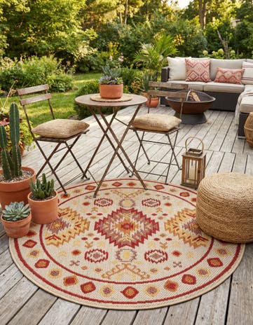 Beige and Rust Red Easy-Clean Baja Indoor / Outdoor Round Rug
