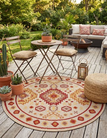 Beige and Rust Red Easy-Clean Baja Indoor / Outdoor Round Rug