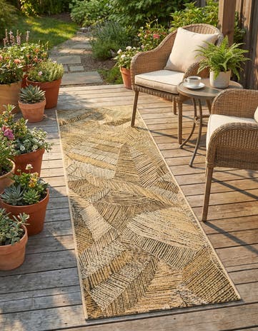 Brown and Beige Easy-Clean Botanical Indoor / Outdoor Runner Rug