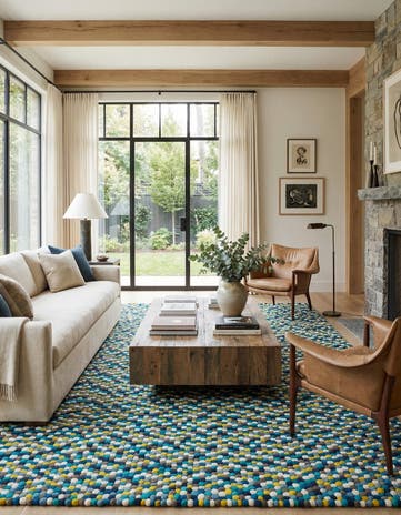 Blue Hand Woven Felt Ball Wool Rug