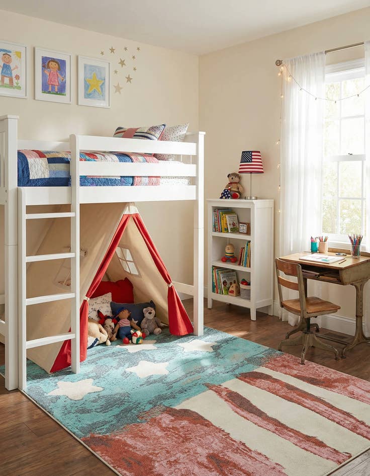 Detail image of 5' 3 x 8' American Flag Whimsy Kids Rug