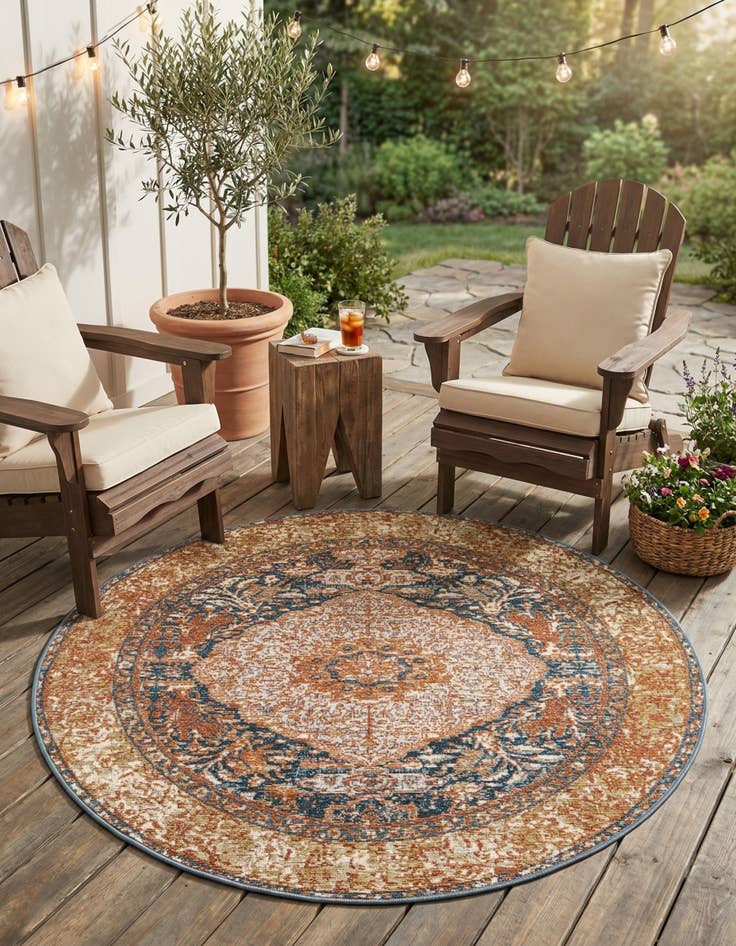 Detail image of 4' x 4'  Washable Traditional Indoor / Outdoor Round Rug