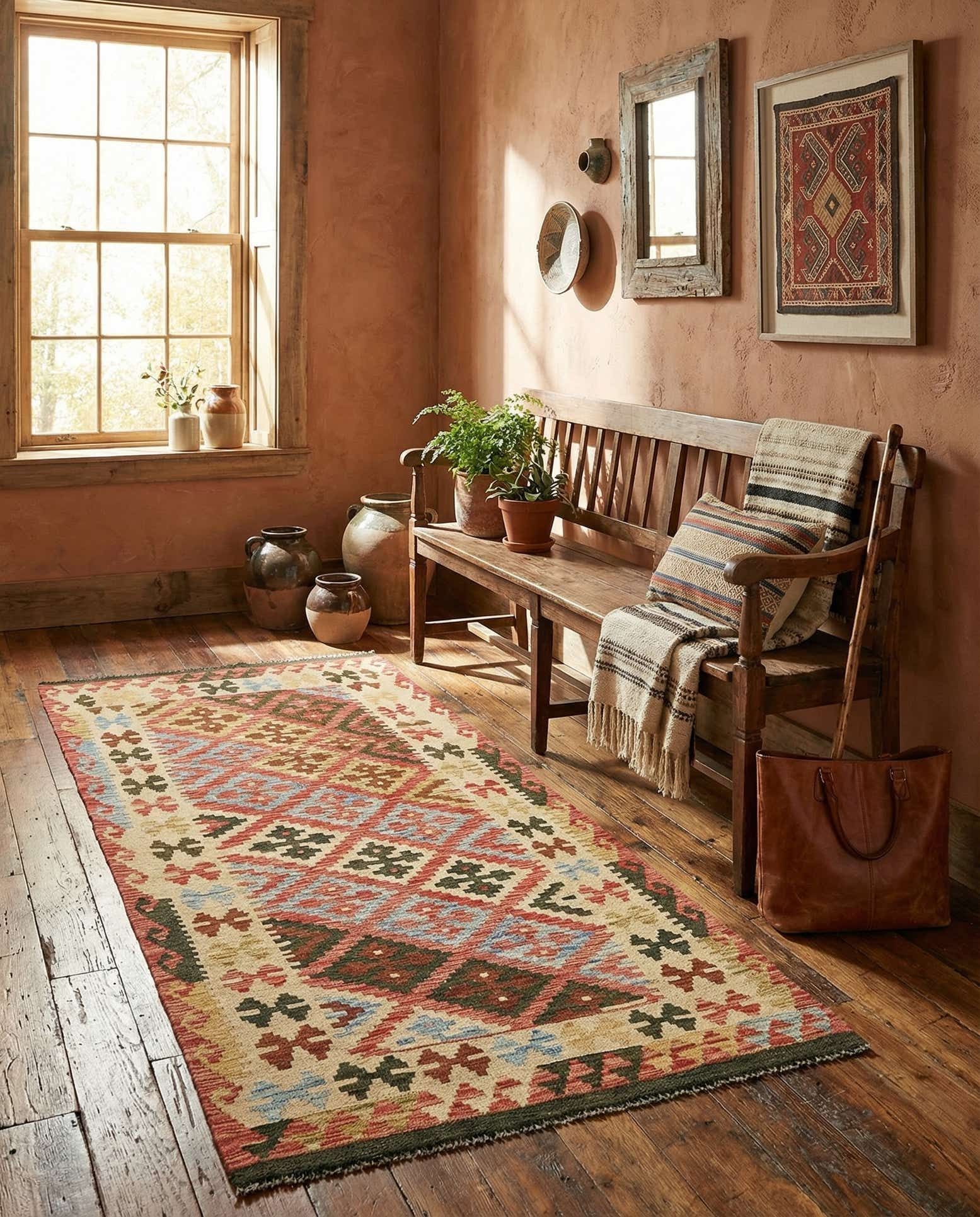 95cm x 195cm Handgewebt Kilim Maymana Wolle Läufer Teppich