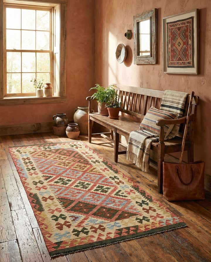 95cm x 195cm Handgewebt Kilim Maymana Wolle Läufer Teppich