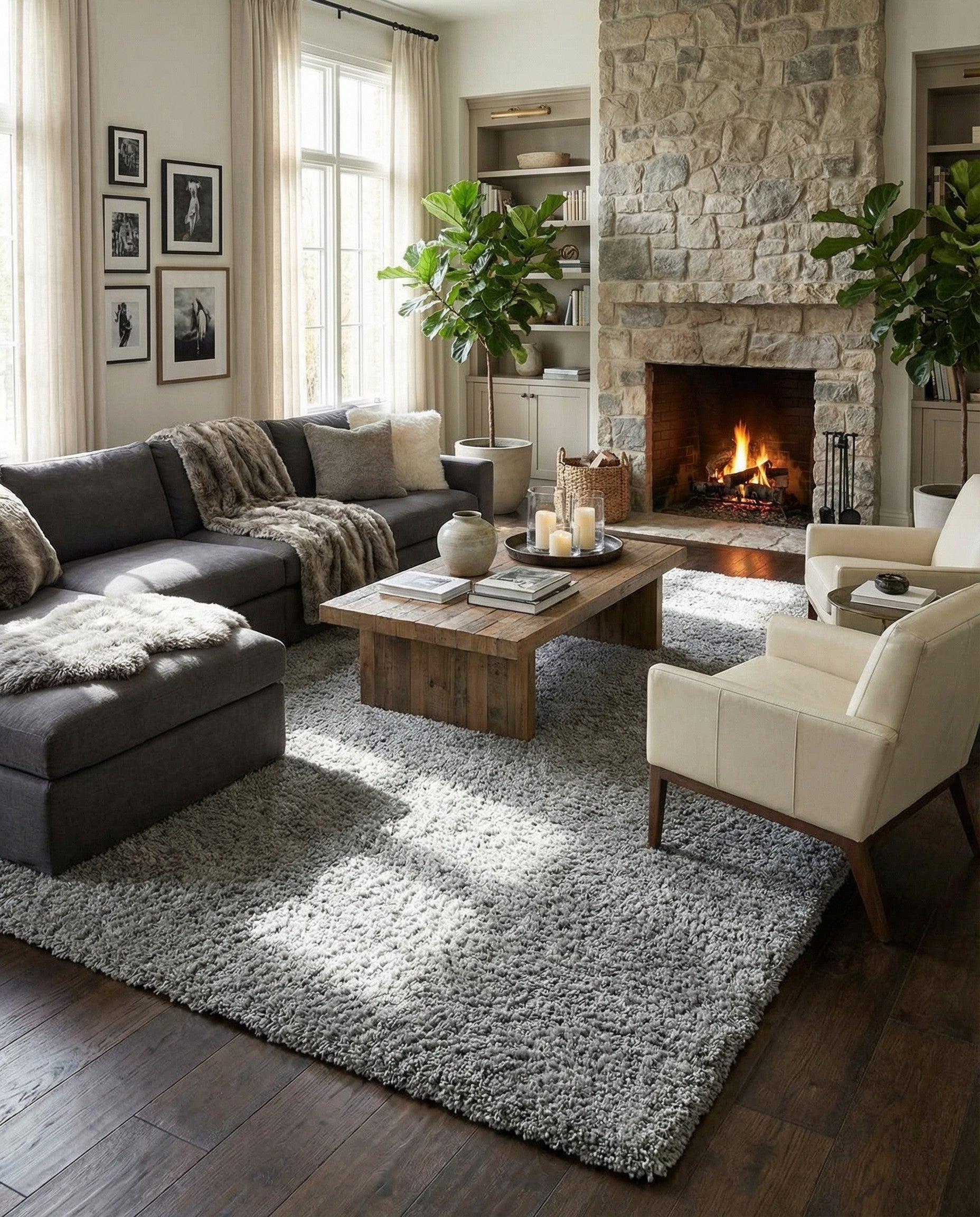 A large 10x13 rectangular gray shag rug with a soft, textured pile, perfect for a modern living room.