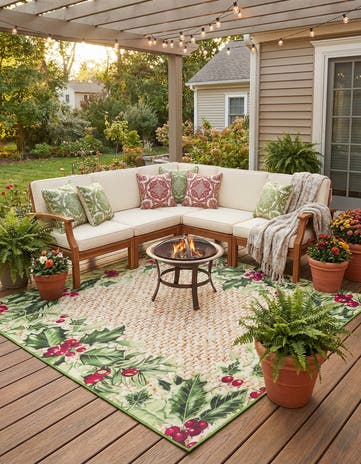 Beige and Green Easy-Clean Jill Zarin Caribbean Indoor / Outdoor Square Rug