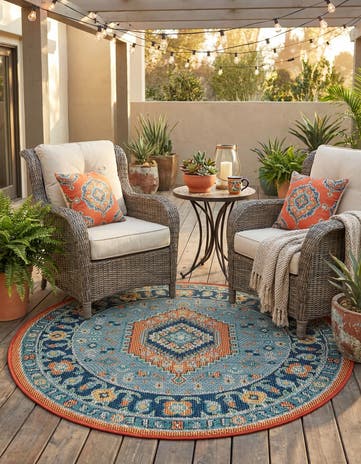 Blue and Rust Red Easy-Clean Baja Indoor / Outdoor Round Rug