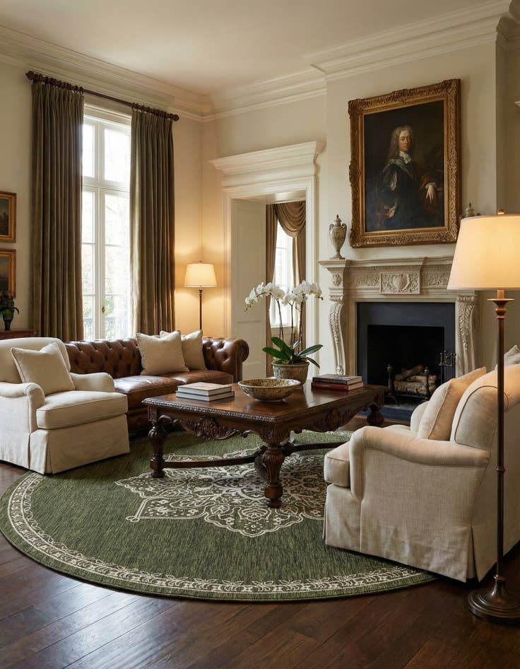 Detail image of 13' x 13'  Washable Traditional Indoor / Outdoor Round Rug