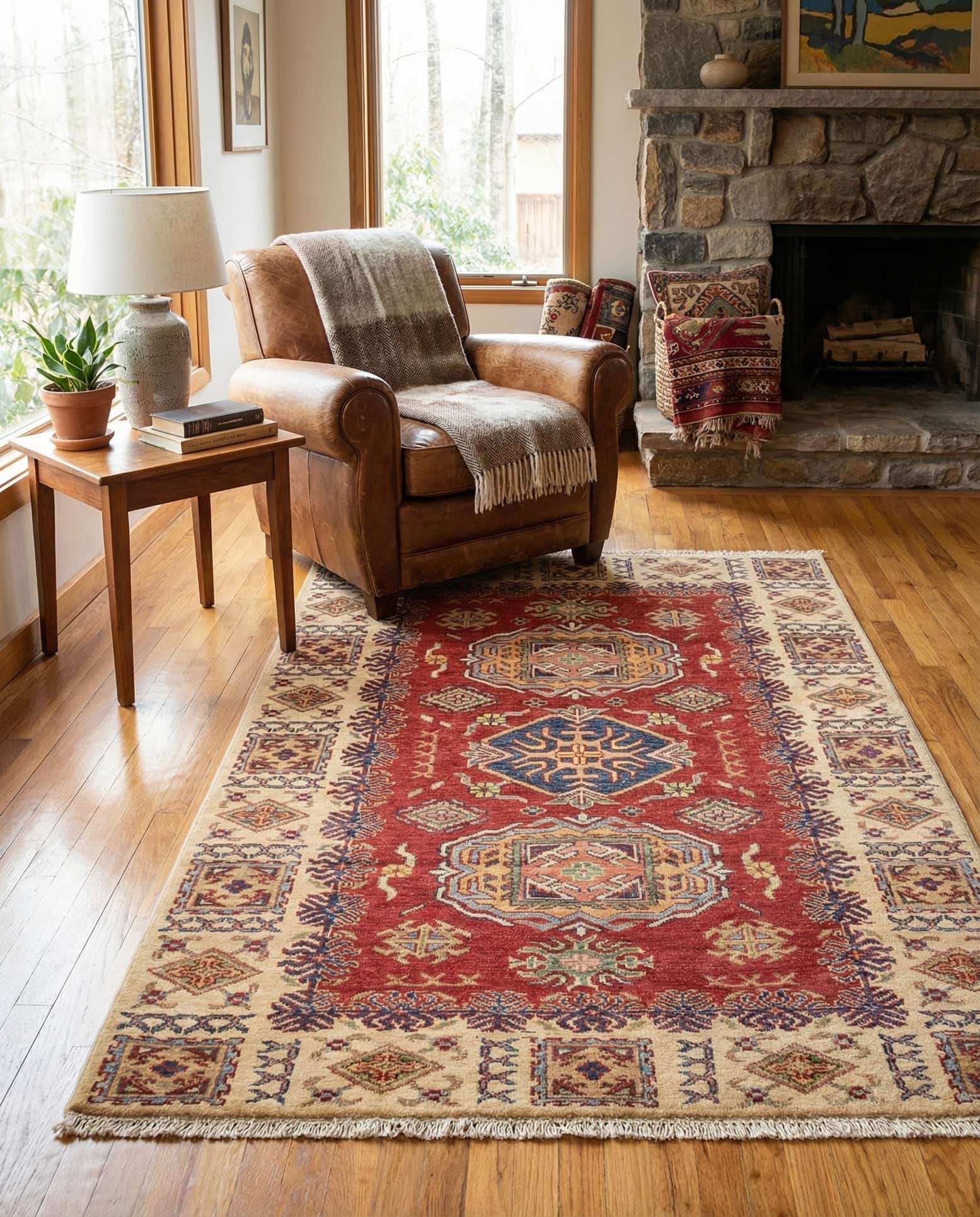 3' 4 x 4' 10 Hand Knotted Kazak Oriental Rug