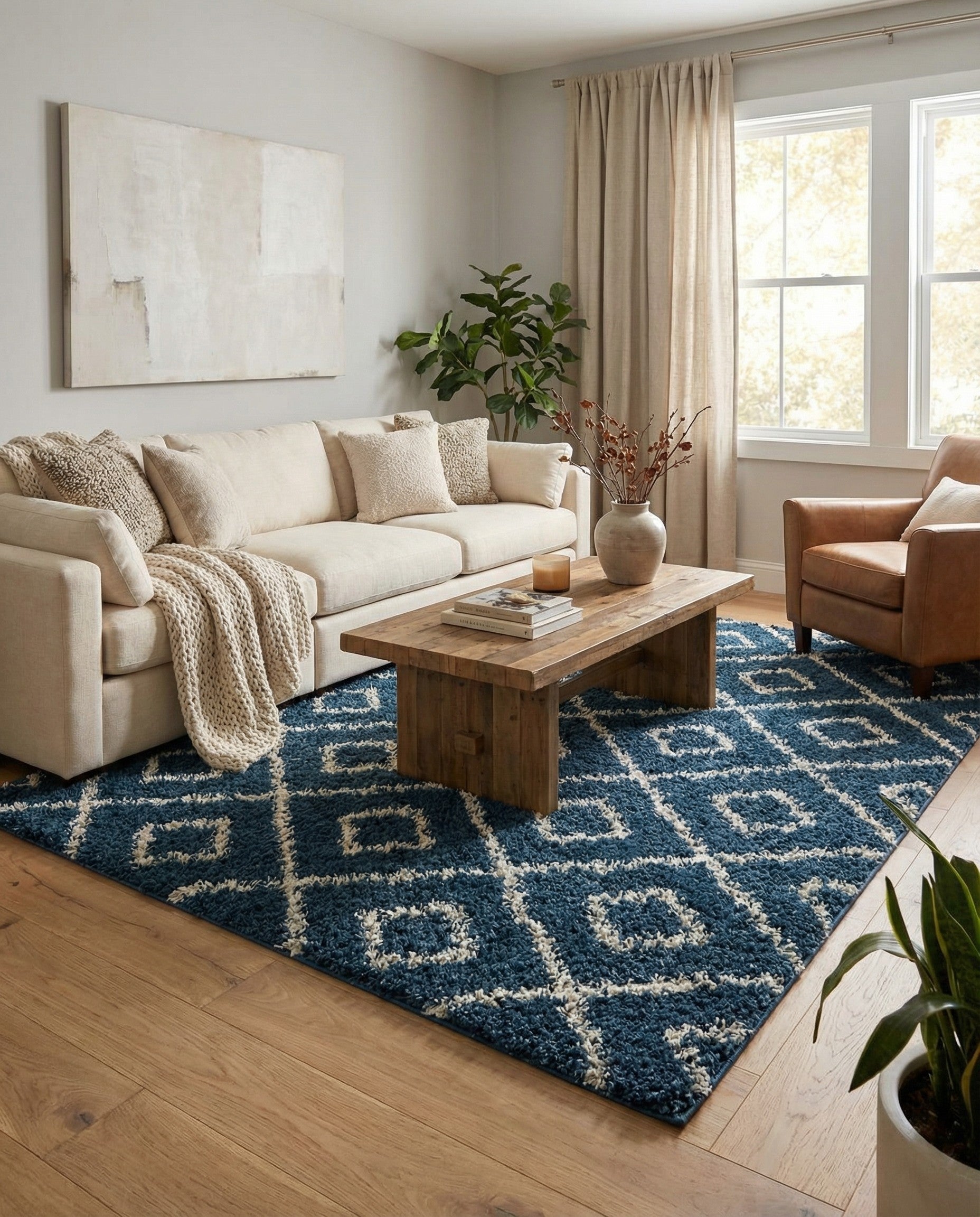 A 10x13 rectangular navy blue modern shag rug with a white textured diamond lattice pattern, suitable for a living room.