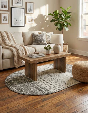 Ivory and Gray Moroccan Trellis Oval Rug