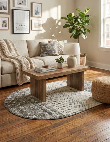 Ivory and Gray Moroccan Trellis Oval Rug