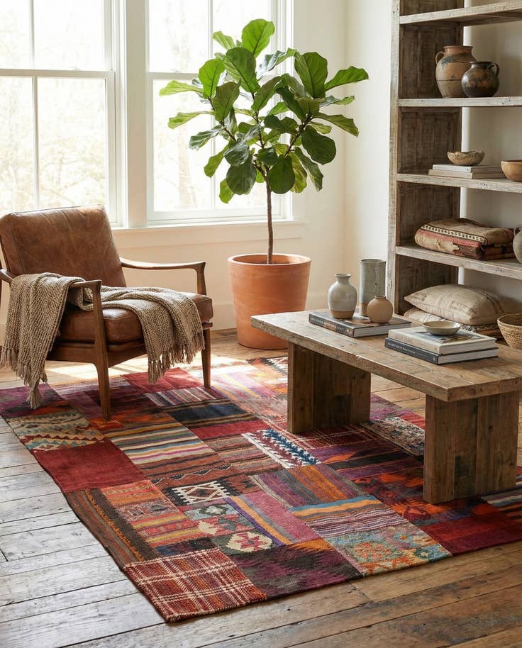 Detail image of 4' 2 x 5' 10 Hand Woven Kilim Patchwork Wool Rug