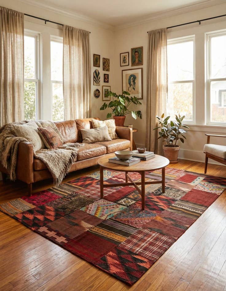 Detail image of 5' 6 x 8'  Hand Woven Kilim Patchwork Wool Rug