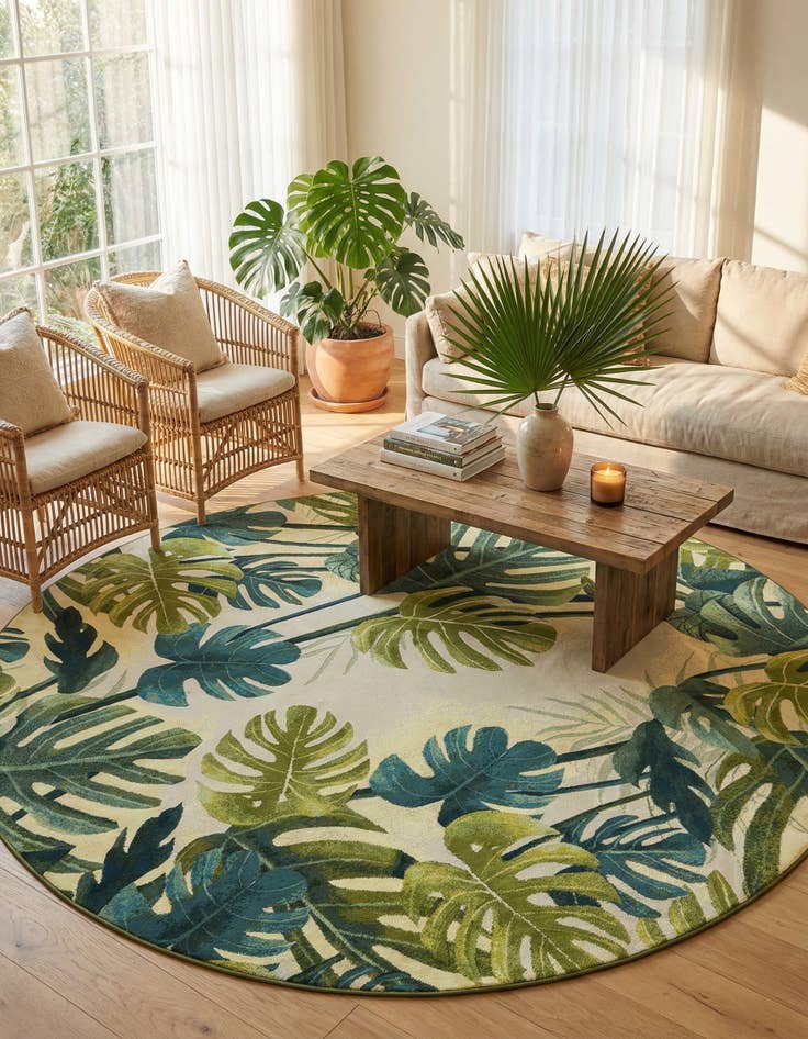 Detail image of 10' x 10' Easy-Clean Botanical Indoor / Outdoor Round Rug