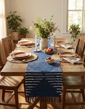 Navy Blue Hand Woven Chindi Cotton Table Runner Rug