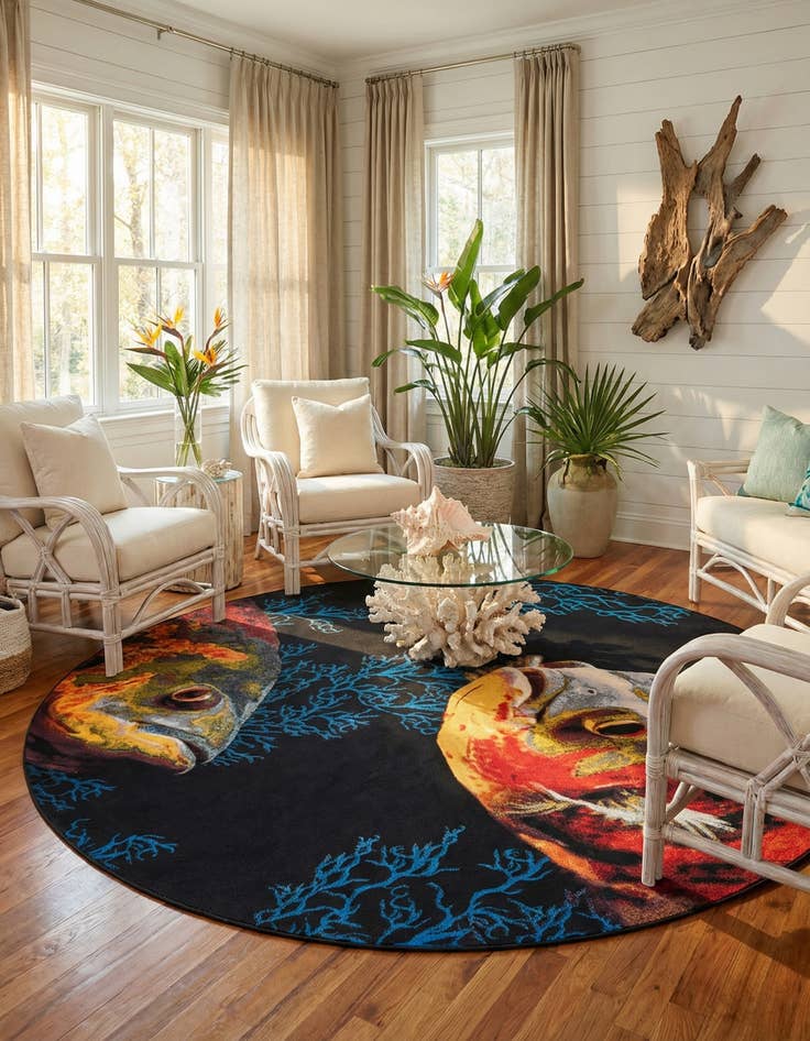 Detail image of  10' x 10'  Washable Coastal Indoor / Outdoor Round Rug