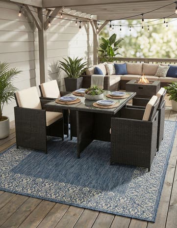 Blue Easy-Clean Border Indoor / Outdoor Rug