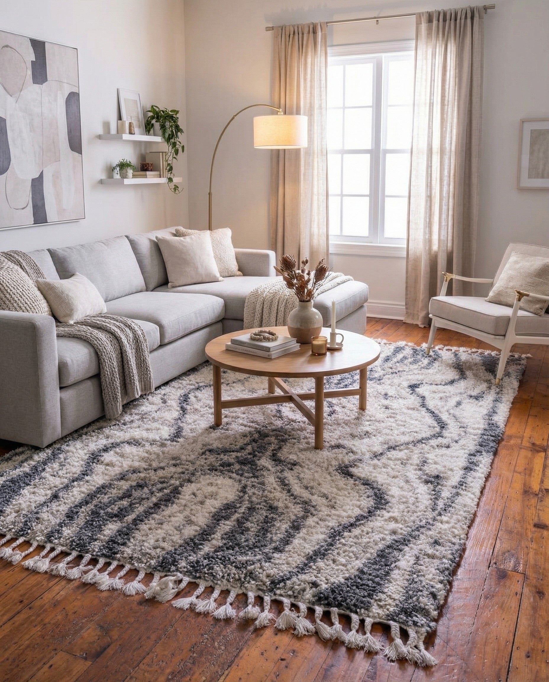 A 9x12 rectangular Athena Shag rug featuring a modern, abstract gray and off-white striped pattern with fringe.