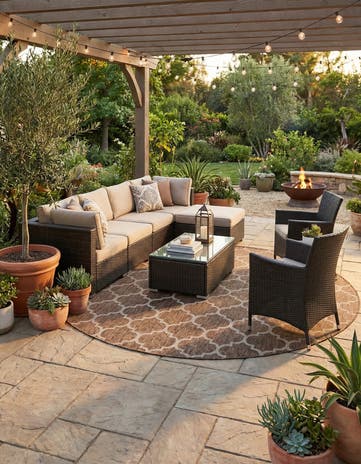 Brown Easy-Clean Lattice Indoor / Outdoor Round Rug